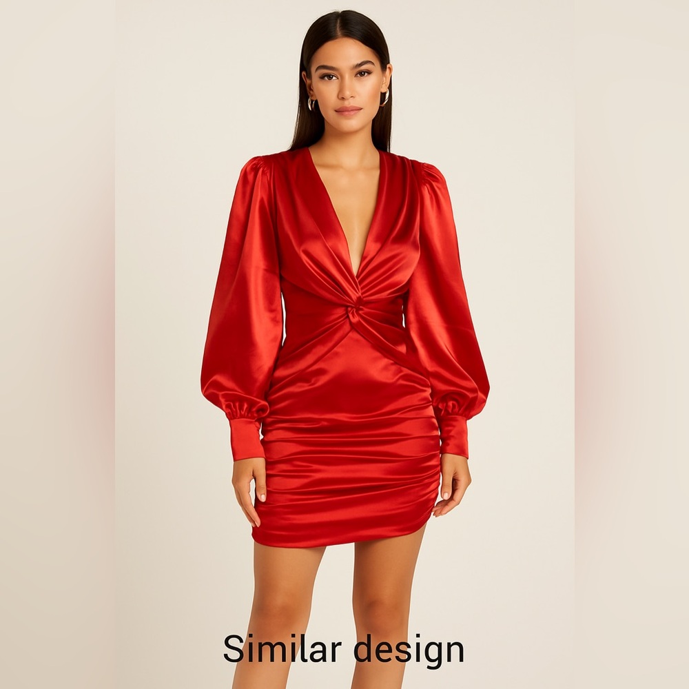 Glamaker Dress Burnt Orange Satin Ruched Long Sleeve V-Neck Front Cutout ‎ Small